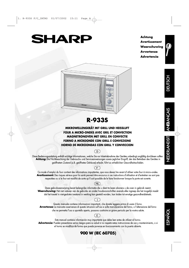 Page 1 de la notice Manuel utilisateur Sharp R-933S