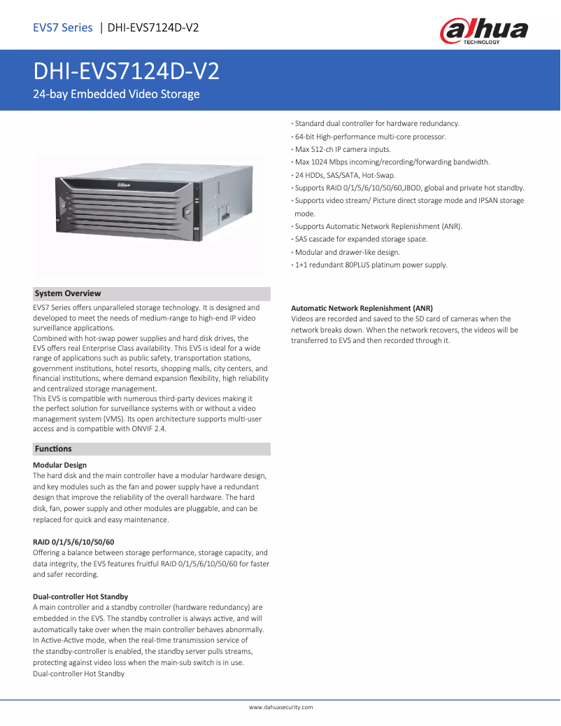 Page 1 de la notice Fiche technique Dahua Technology EVS7124D-V2
