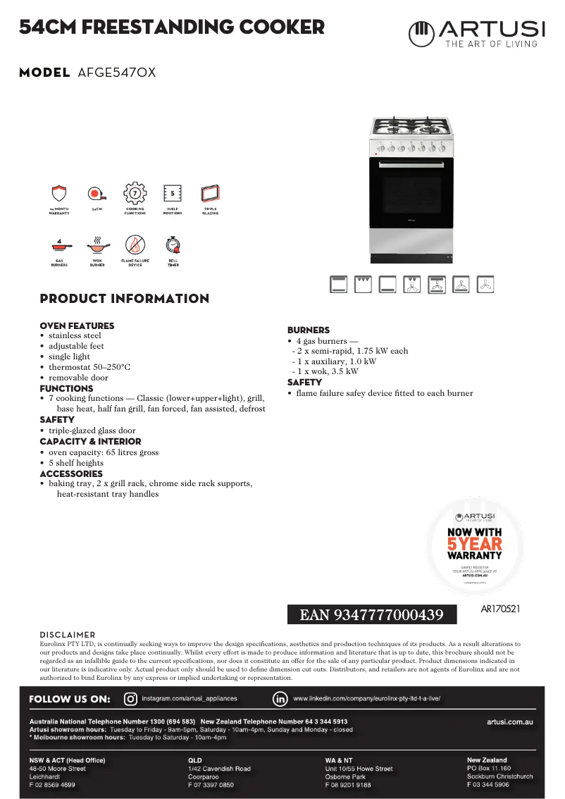 Page 1 de la notice Fiche technique Artusi AFGE5470X