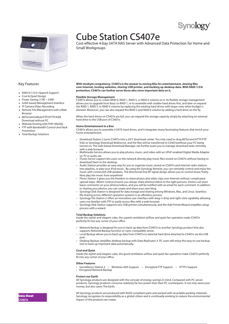 Page 1 de la notice Fiche technique Synology Cube Station CS407e