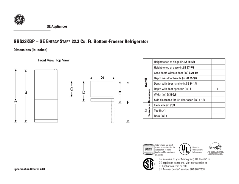 Page 1 of the manual Technical Sheet GE GBS22KBPCC