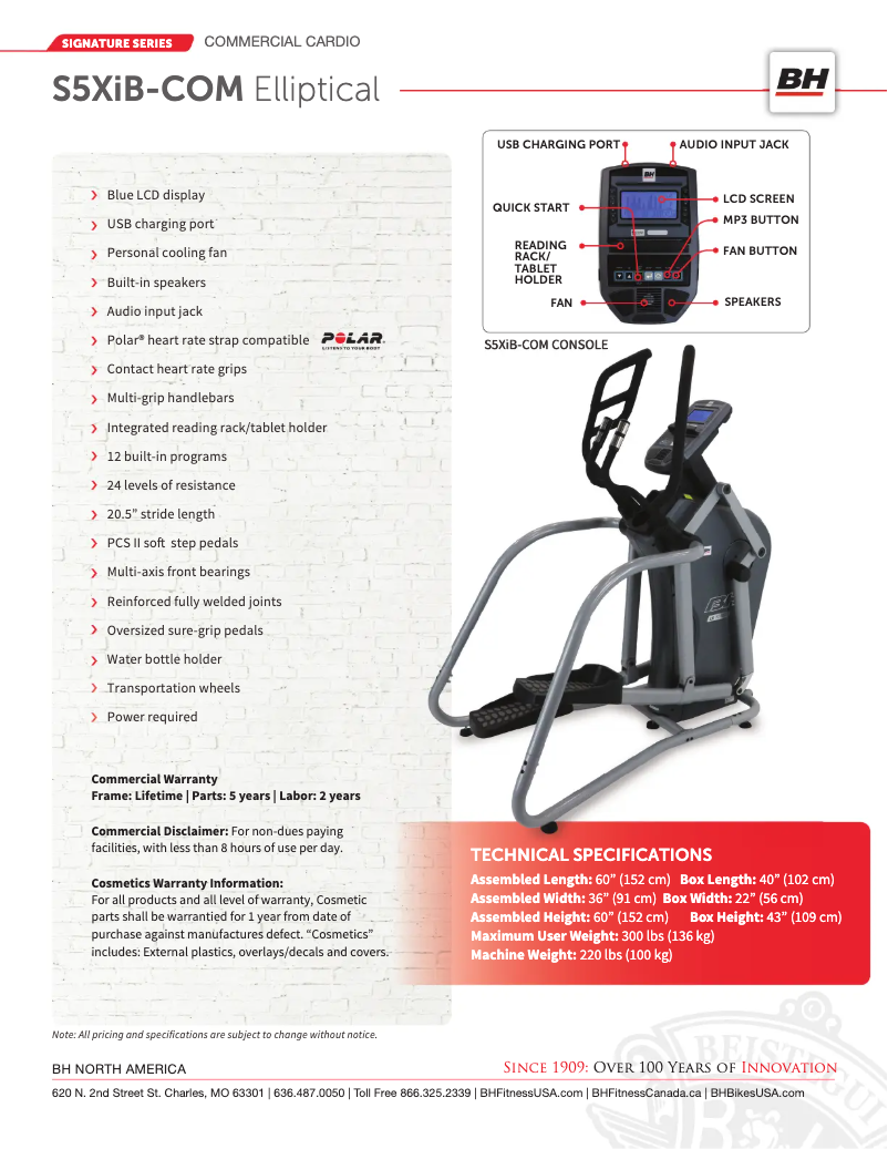 Page 1 de la notice Fiche technique BH Fitness S5XiB-COM