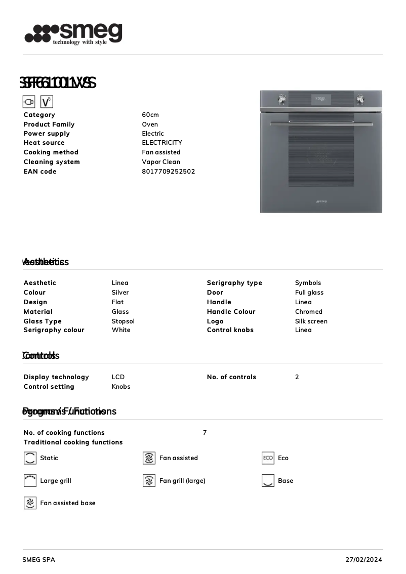 Page n°1 - Fiche technique Smeg SF6101VS