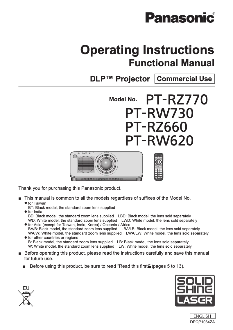 Page n°1 - Manuel utilisateur Panasonic PT-RW620