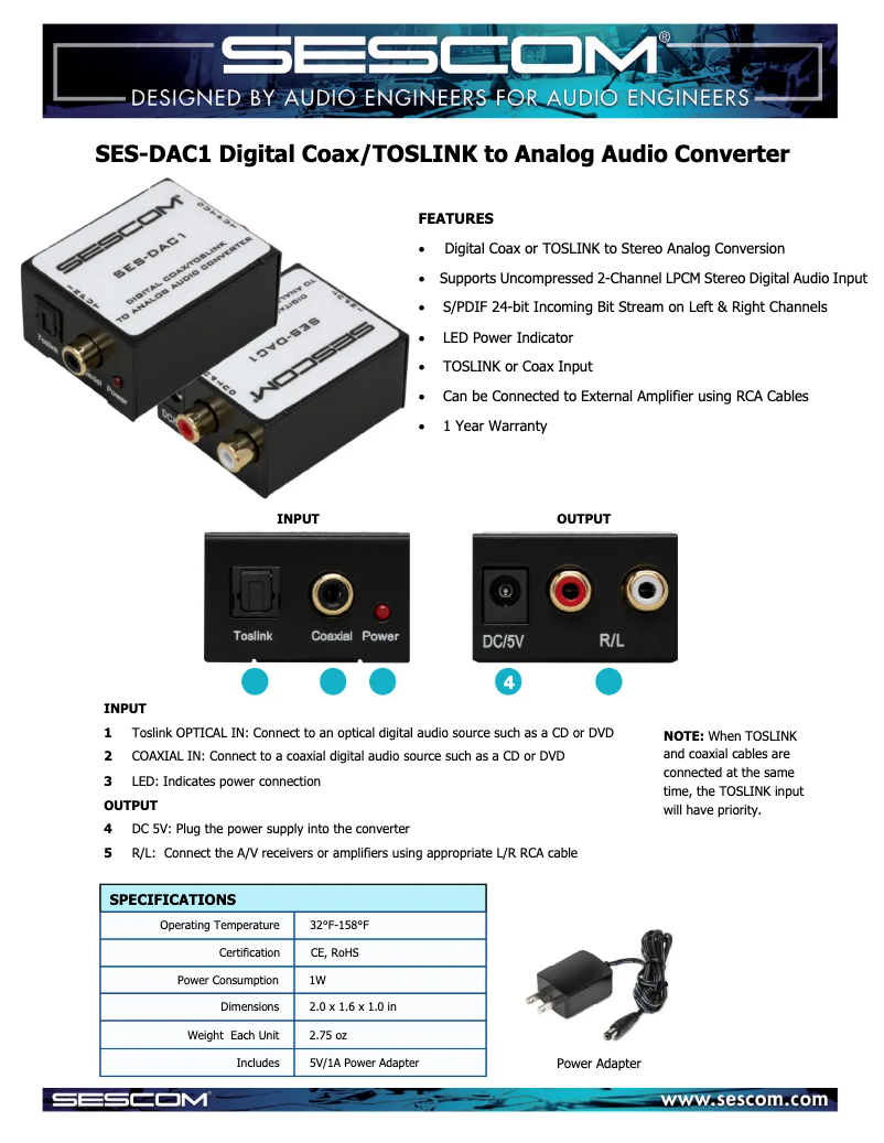 Page n°1 - Manuel utilisateur Sescom SES-DAC1
