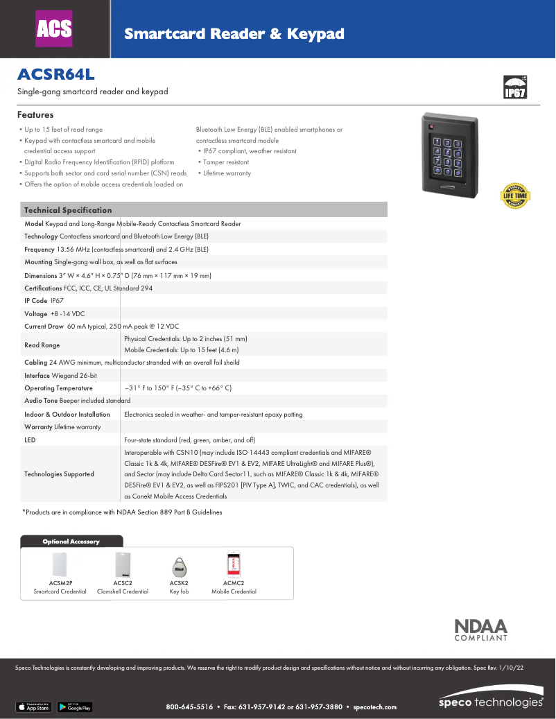 Page 1 de la notice Fiche technique Speco Technologies ACSR64L