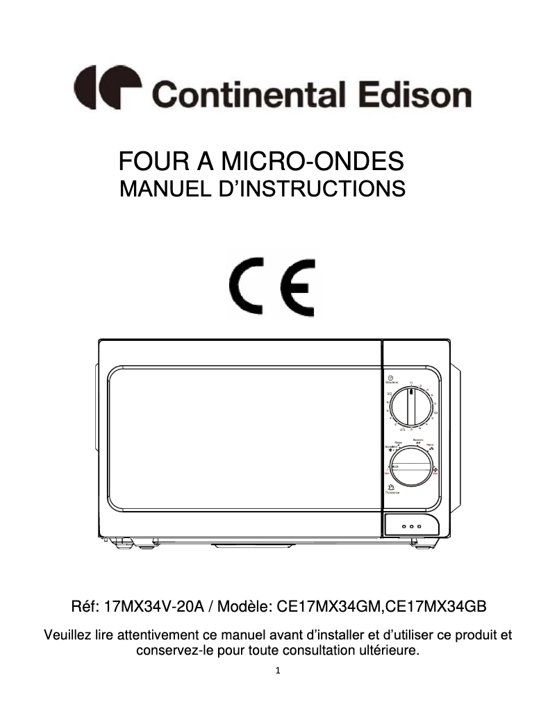 Page n°1 - Manuel utilisateur Continental Edison CE17MX34GB