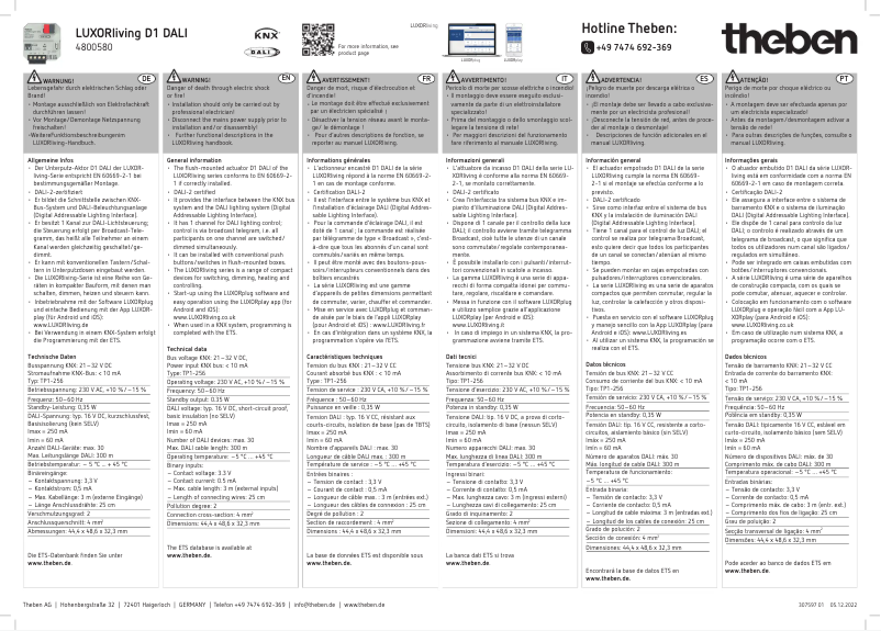 Page 1 de la notice Manuel utilisateur Theben LUXORliving D1 DALI