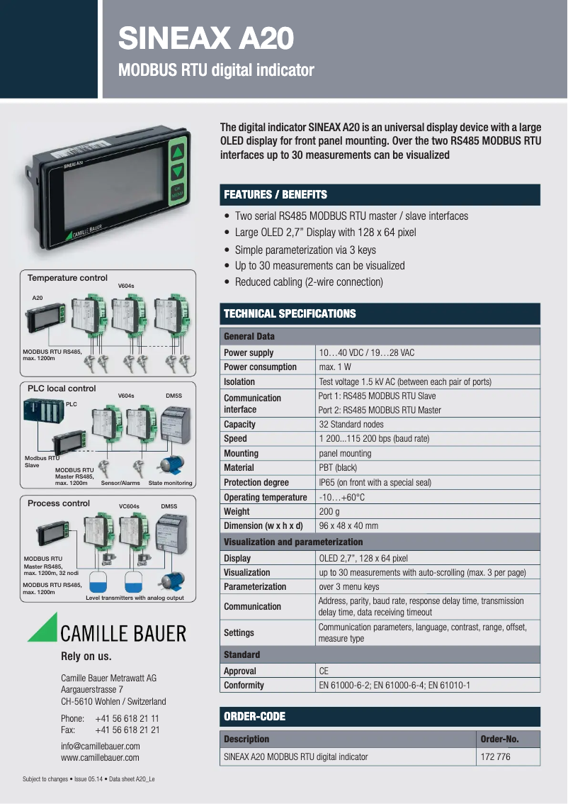 Página 1 del manual Ficha técnica Camille Bauer Sineax A20