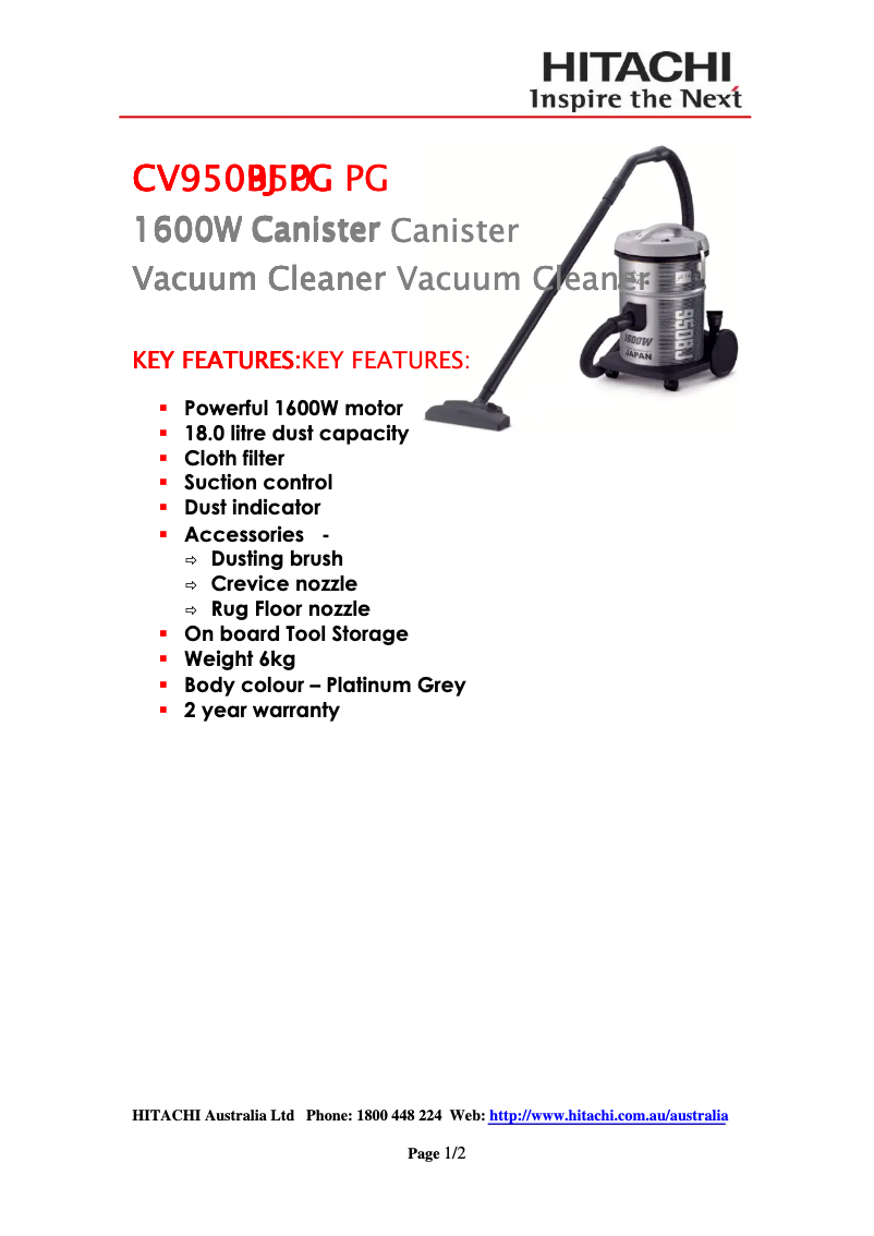 Page 1 de la notice Fiche technique Hitachi CV950BJ