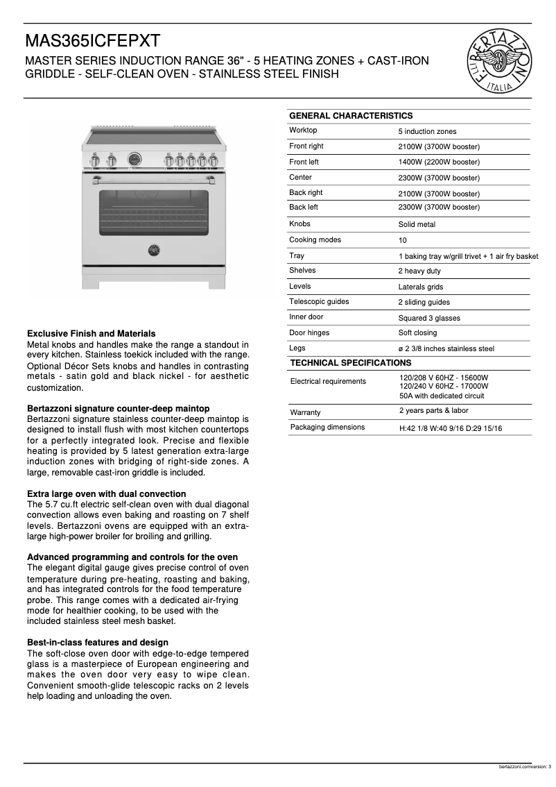 Page 1 de la notice Fiche technique Bertazzoni MAS365ICFEPXT