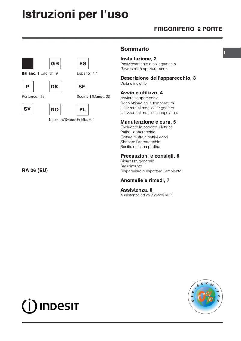 Page n°1 - Manuel utilisateur Indesit RA 26 (EU)