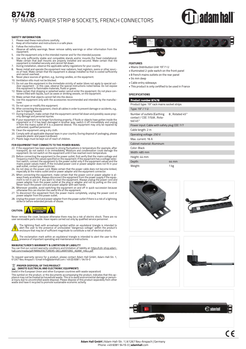 Page 1 de la notice Manuel utilisateur Adam Hall 87478