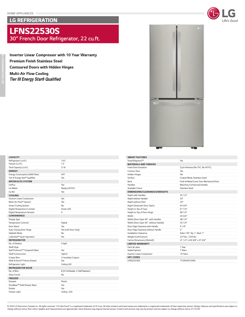 Page 1 de la notice Fiche technique LG LFNS22530S