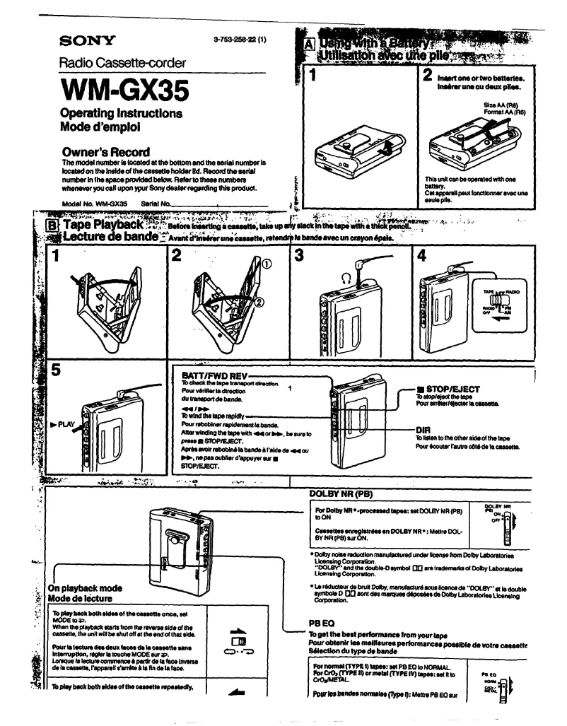 Page 1 de la notice Manuel utilisateur Sony Walkman WM-GX35