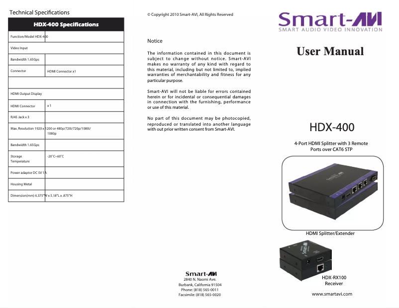Page 1 de la notice Manuel utilisateur Smart-AVI HDX-400