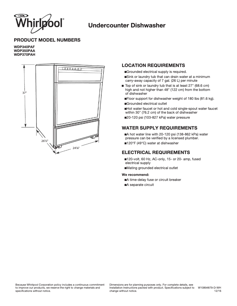 Page 1 de la notice Fiche technique Whirlpool WDP370PAH