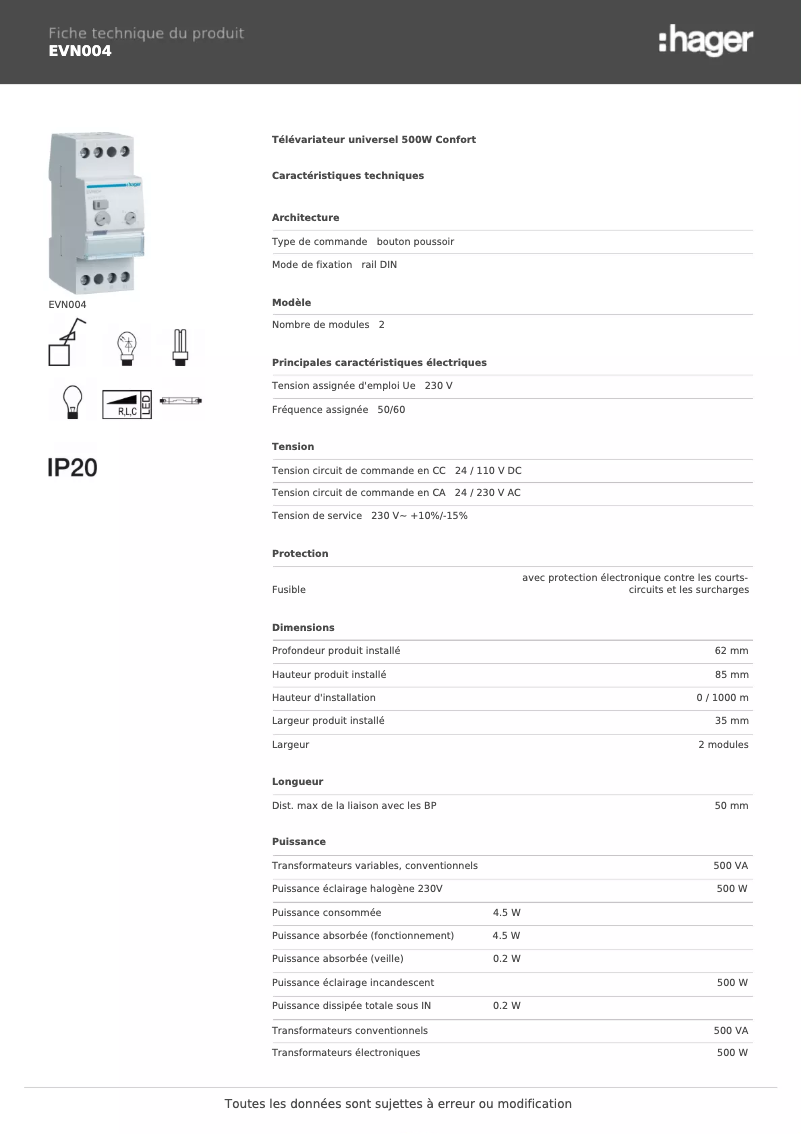Page 1 de la notice Fiche technique Hager EVN004