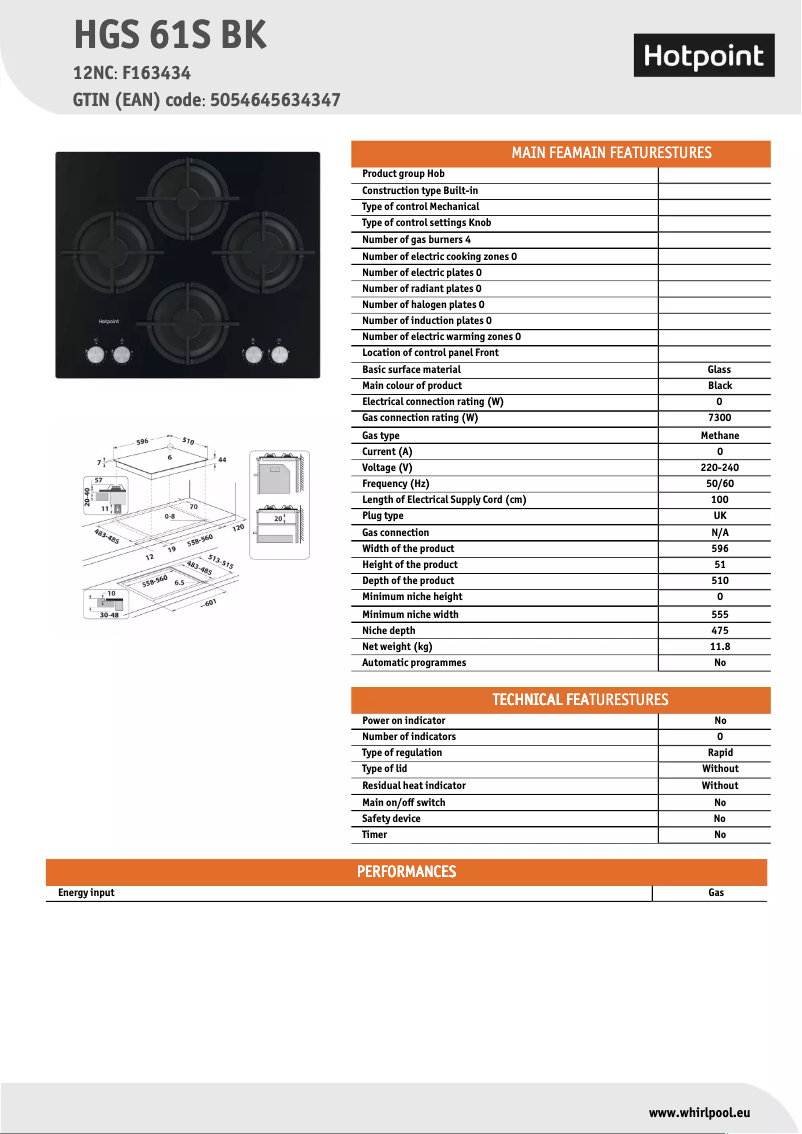 Página 1 del manual Ficha técnica Hotpoint HGS 61S BK