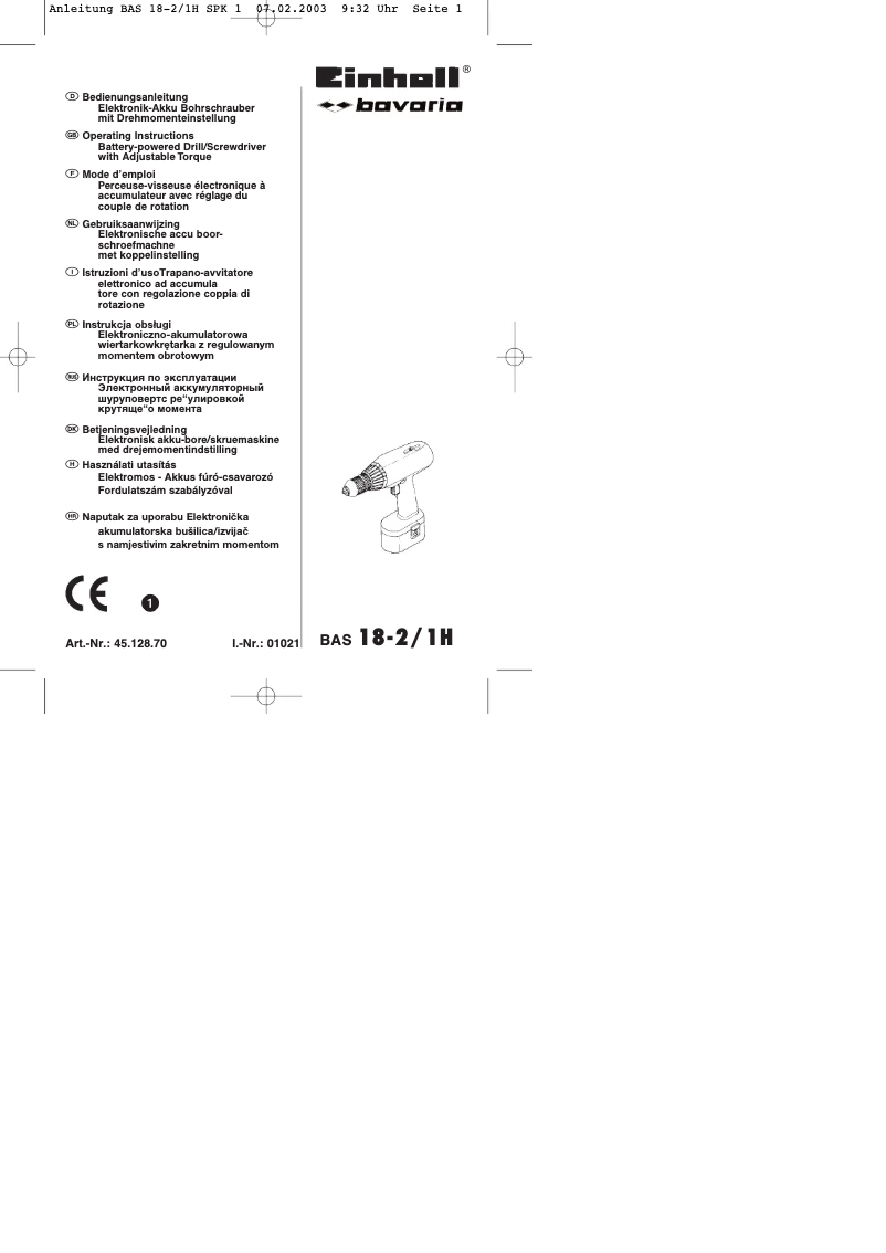 Page 1 de la notice Manuel utilisateur Bavaria by Einhell BAS 18-2/1H