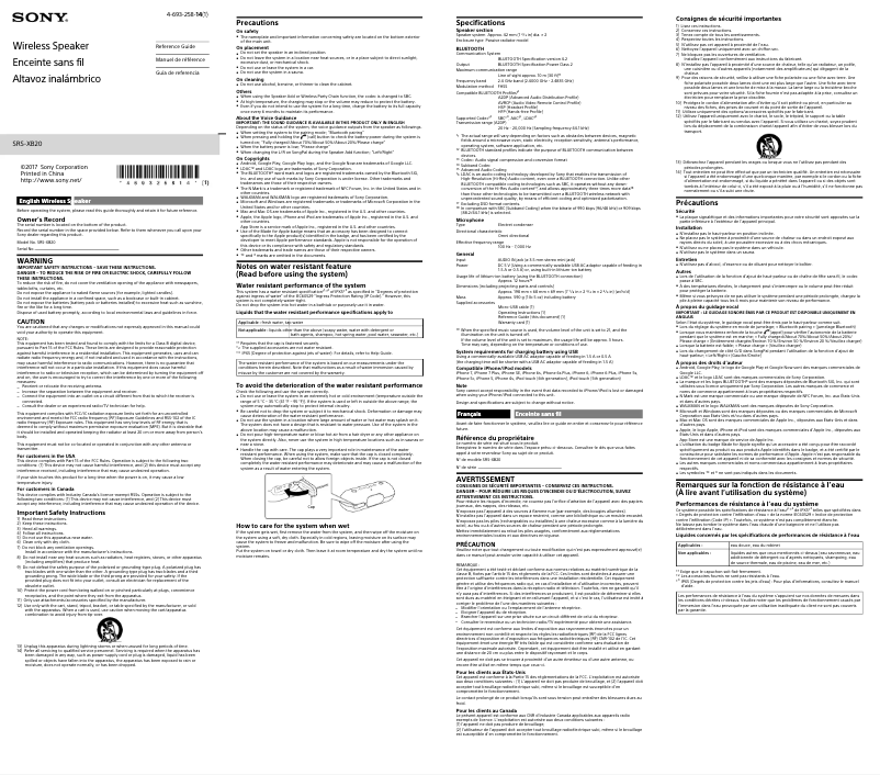 Image de la première page du manuel de l'appareil SRS-XB20