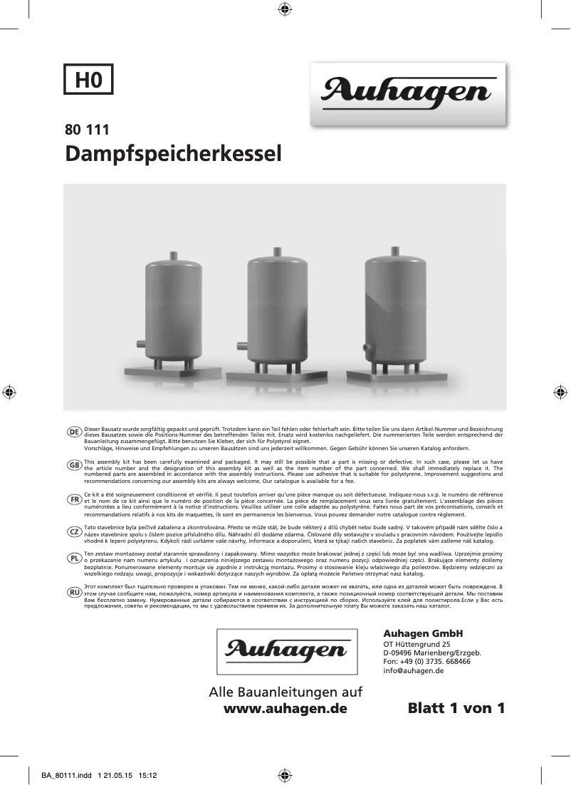 Page 1 de la notice Manuel utilisateur Auhagen 80111