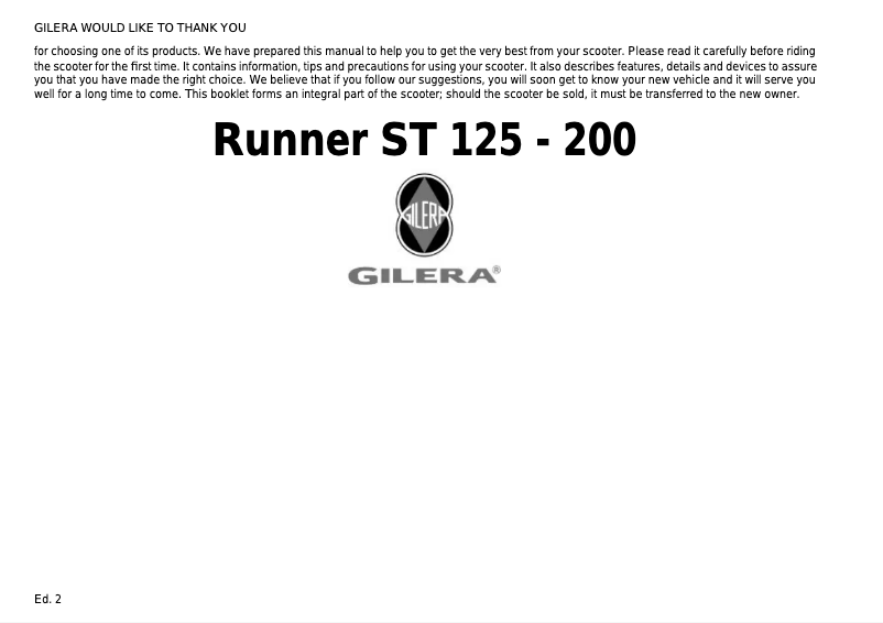 Page 1 de la notice Manuel utilisateur Gilera Runner ST 125 (2005)