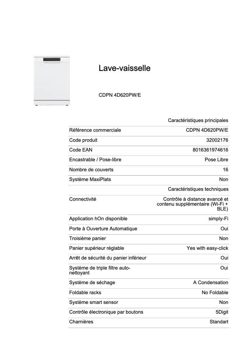 Page n°1 - Fiche technique Candy CDPN 4D620PWE