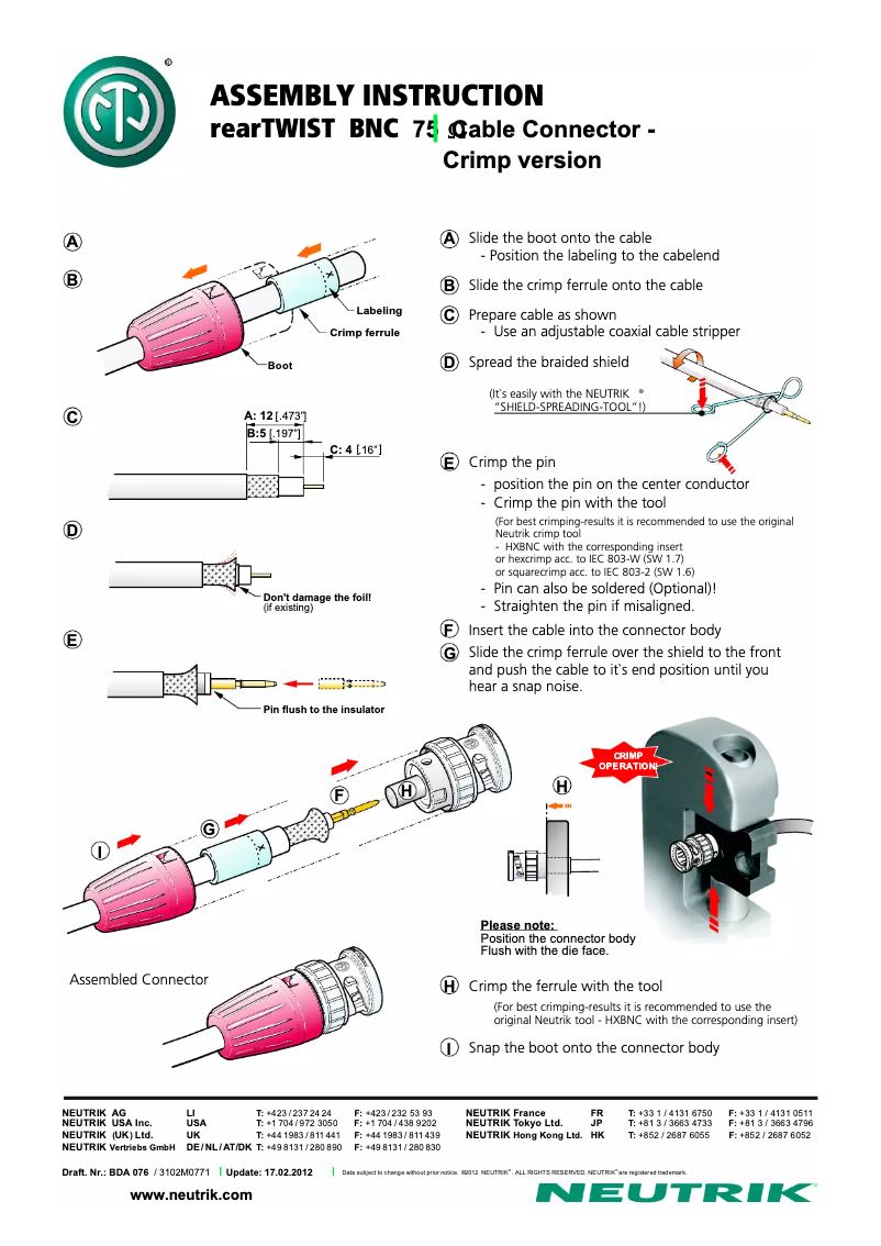 Page 1 de la notice Manuel utilisateur Neutrik NBNC75BFH6
