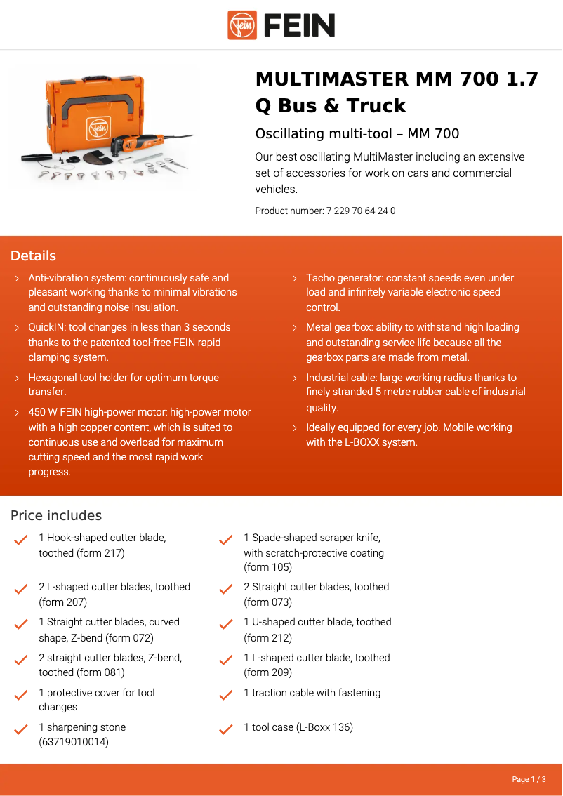 Page n°1 - Fiche technique Fein Multimaster MM 700 1.7 Q Bus & Truck