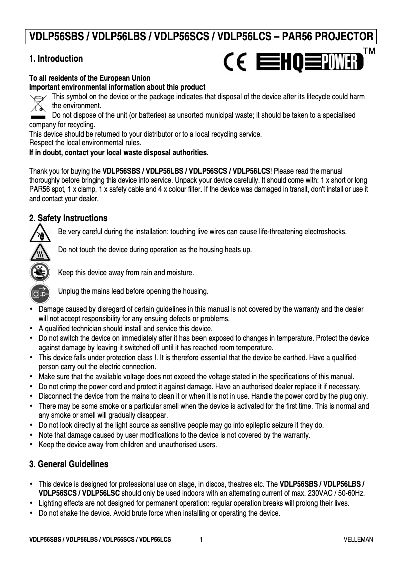 Page n°1 - Manuel utilisateur HQ Power VDLP56SCS