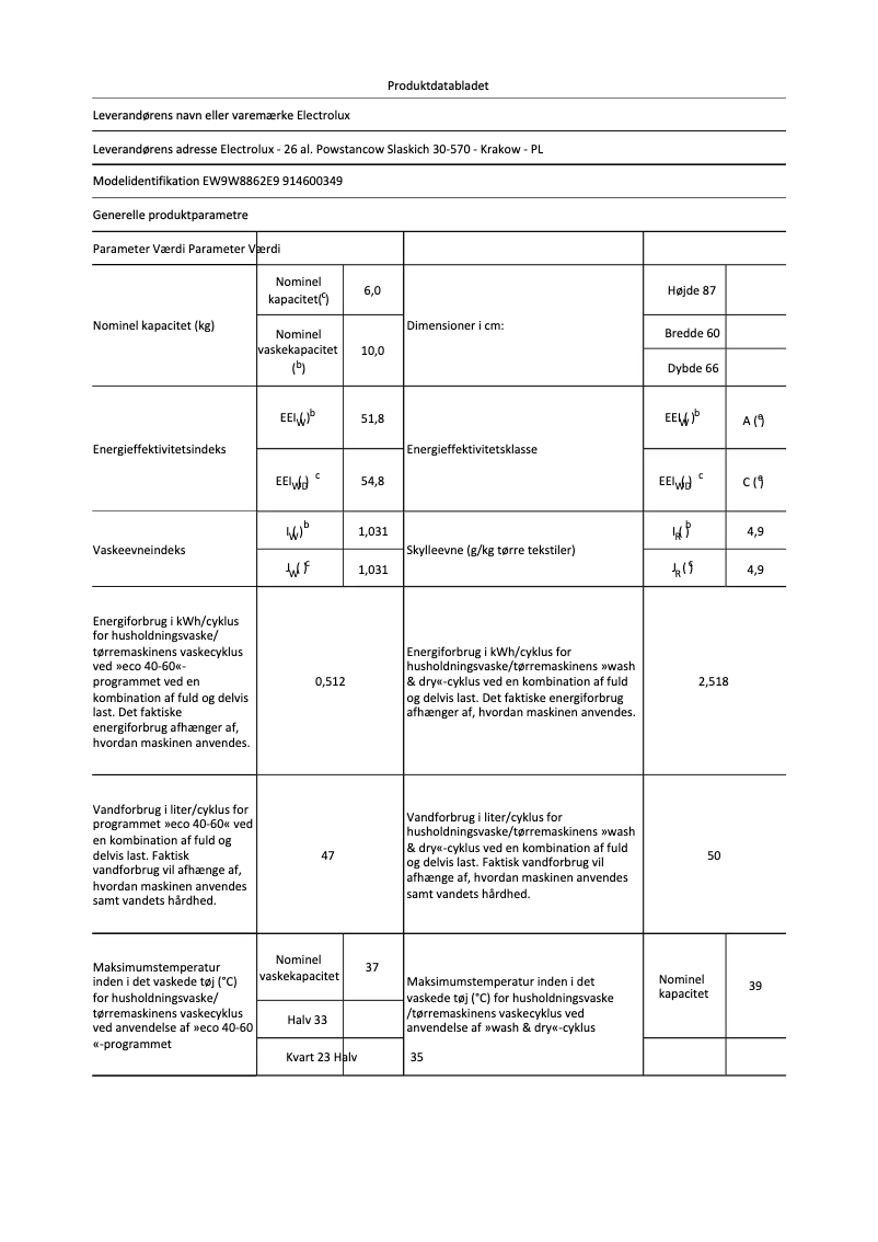 Page n°1 - Fiche technique Electrolux EW9W8862E9