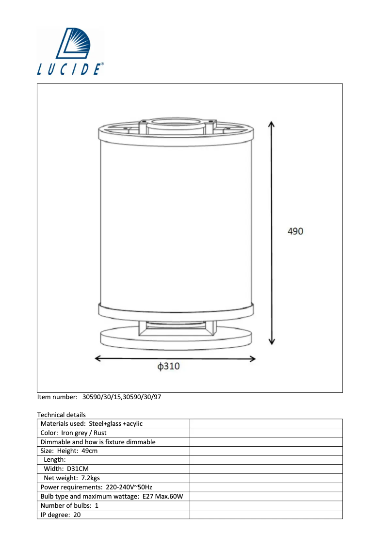 Page 1 de la notice Manuel utilisateur Lucide Brunello 30590/30/15
