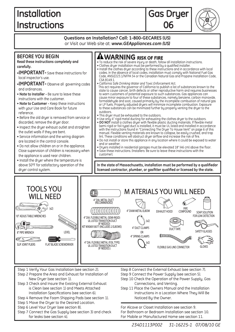 Page 1 de la notice Guide d'installation GE GTDP301GLWS
