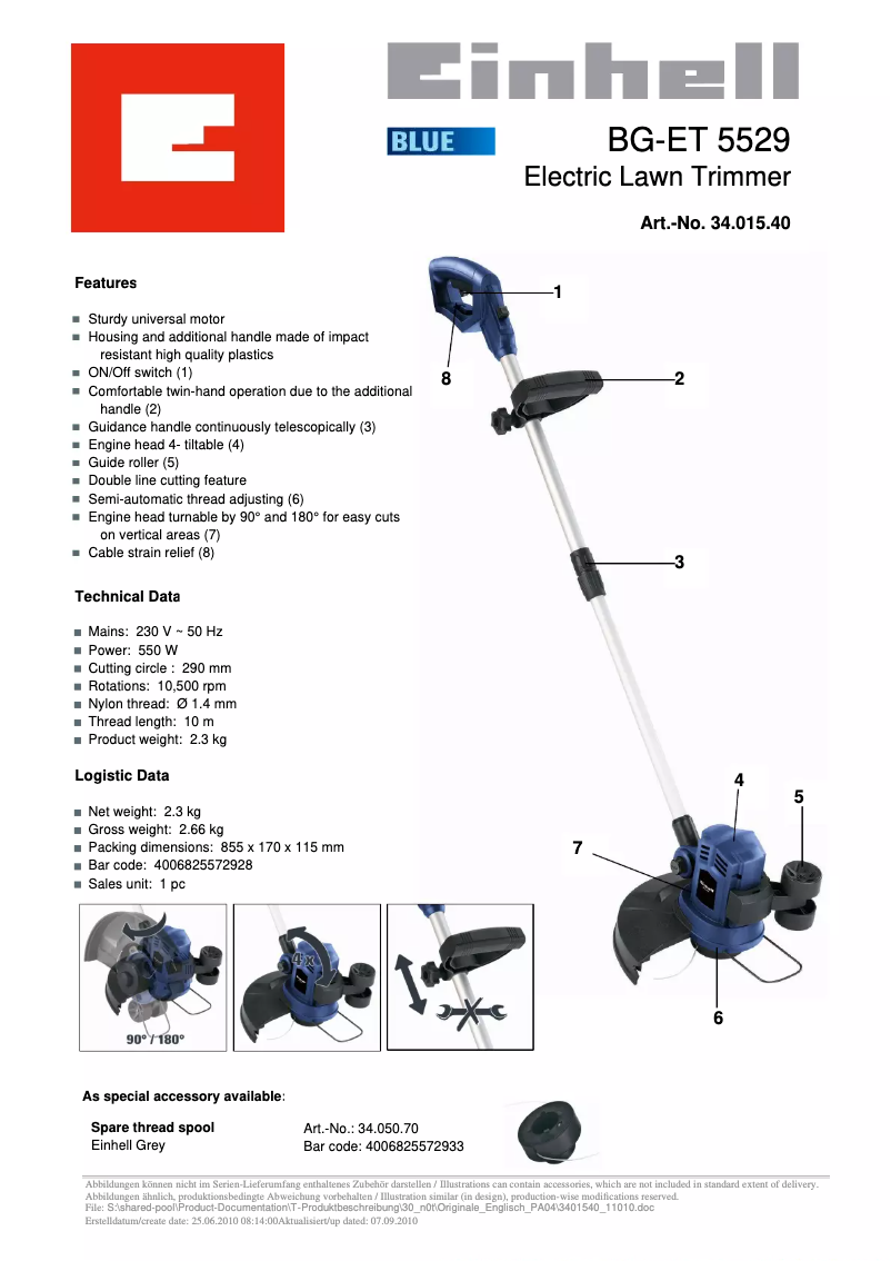 Page n°1 - Fiche technique Einhell BG-ET 5529