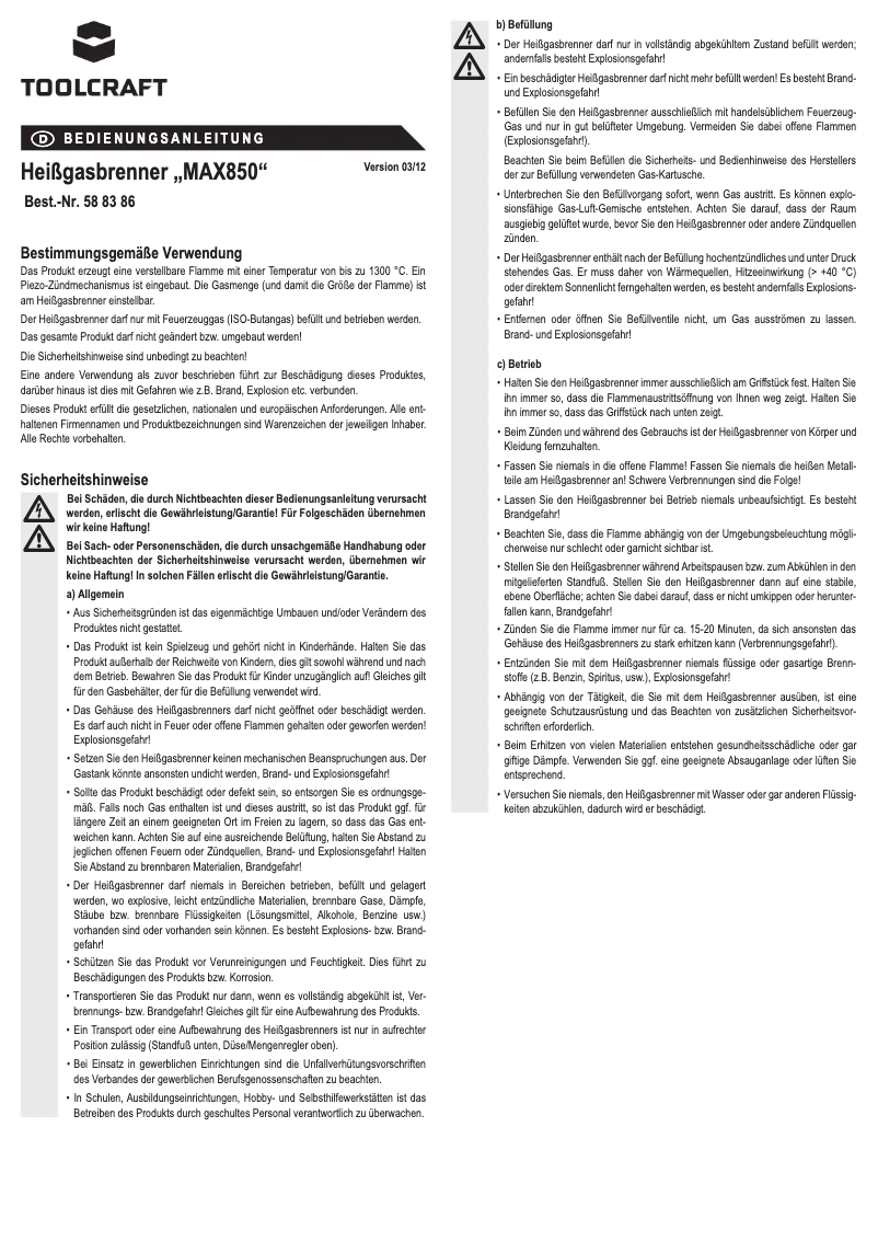 Page 1 de la notice Manuel utilisateur Toolcraft MAX850