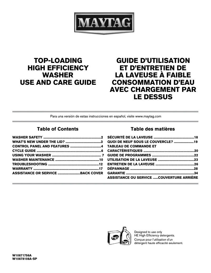 Page 1 de la notice Manuel utilisateur Maytag MVWC416FW