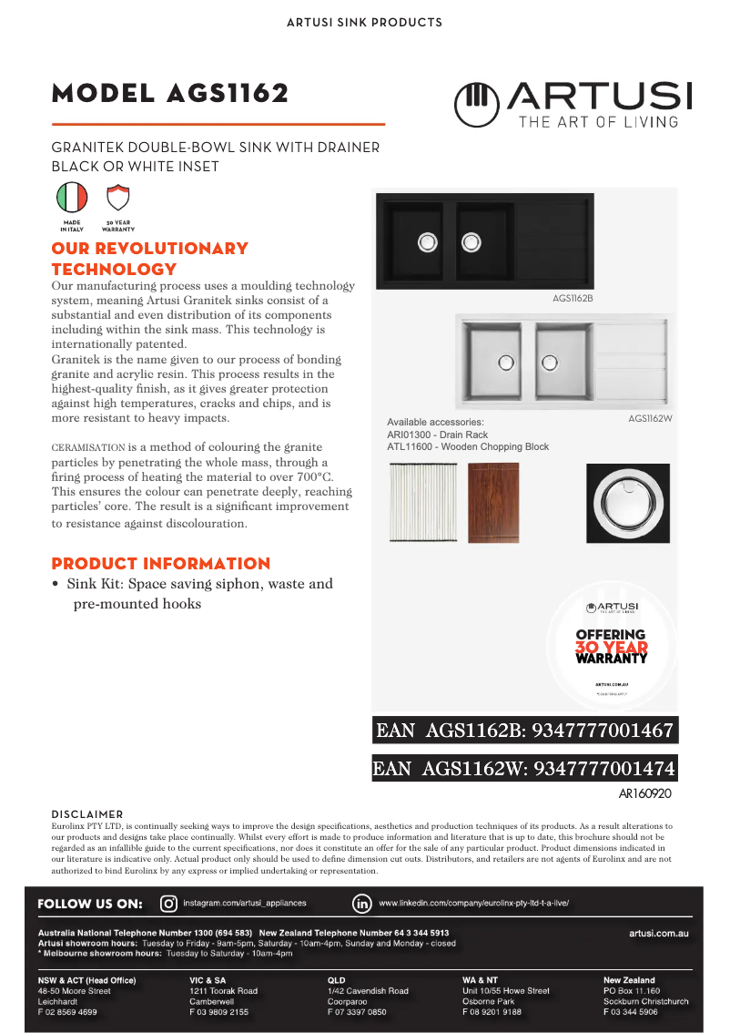 Page 1 de la notice Fiche technique Artusi AGS1162W