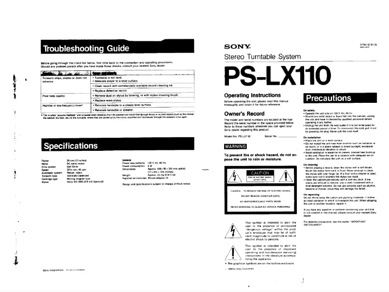 Page 1 de la notice Manuel utilisateur Sony PS-LX110