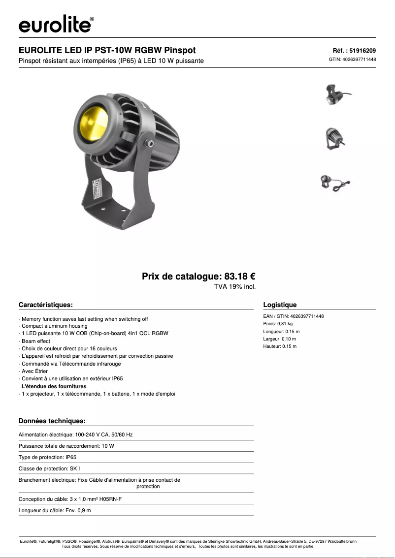 Page 1 de la notice Fiche technique Eurolite LED IP PST-10W