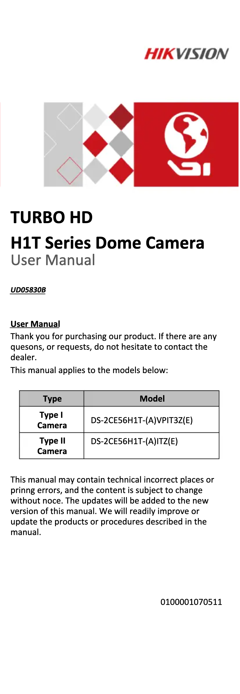 Image de la première page du manuel de l'appareil DS-2CE56H1T-VPIT3ZE