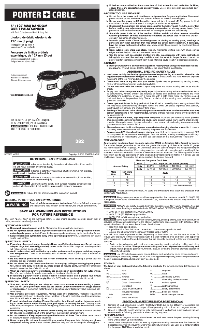 Page n°1 - Manuel utilisateur Porter-Cable 382
