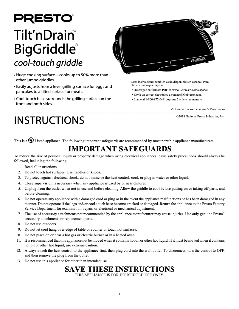 Page 1 de la notice Manuel utilisateur Presto BigGriddle 07046