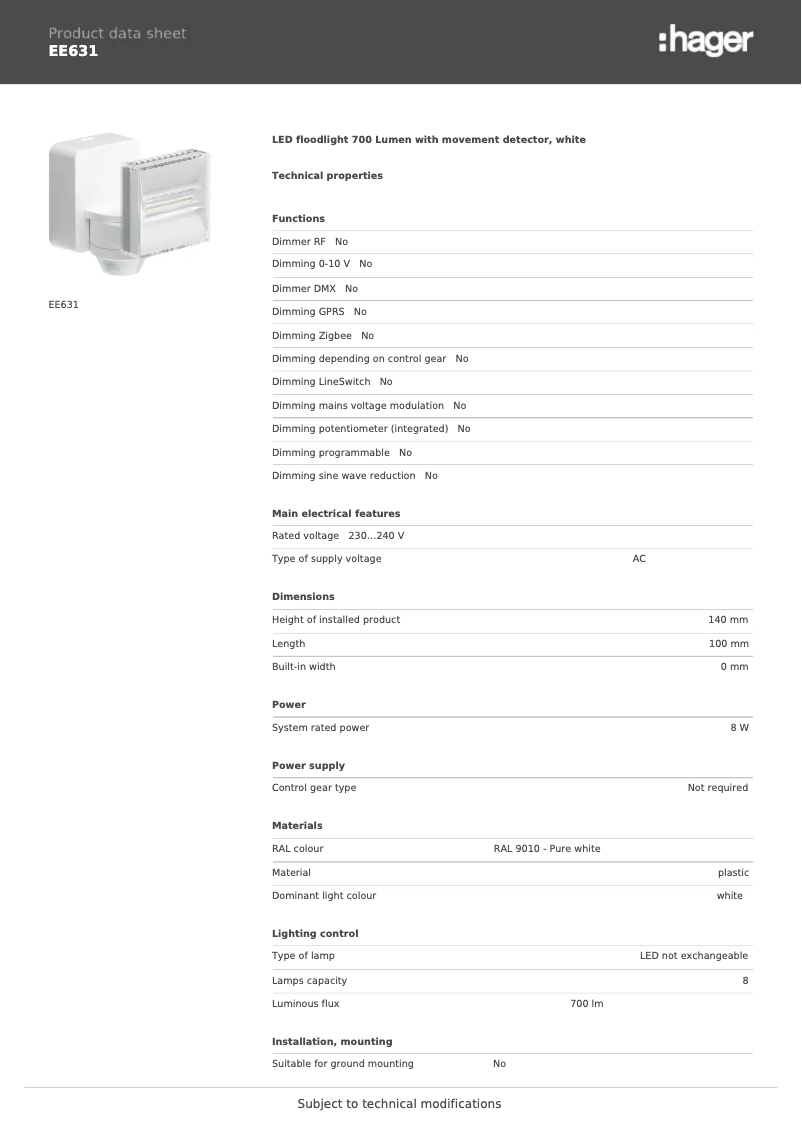 Page 1 de la notice Fiche technique Hager EE631