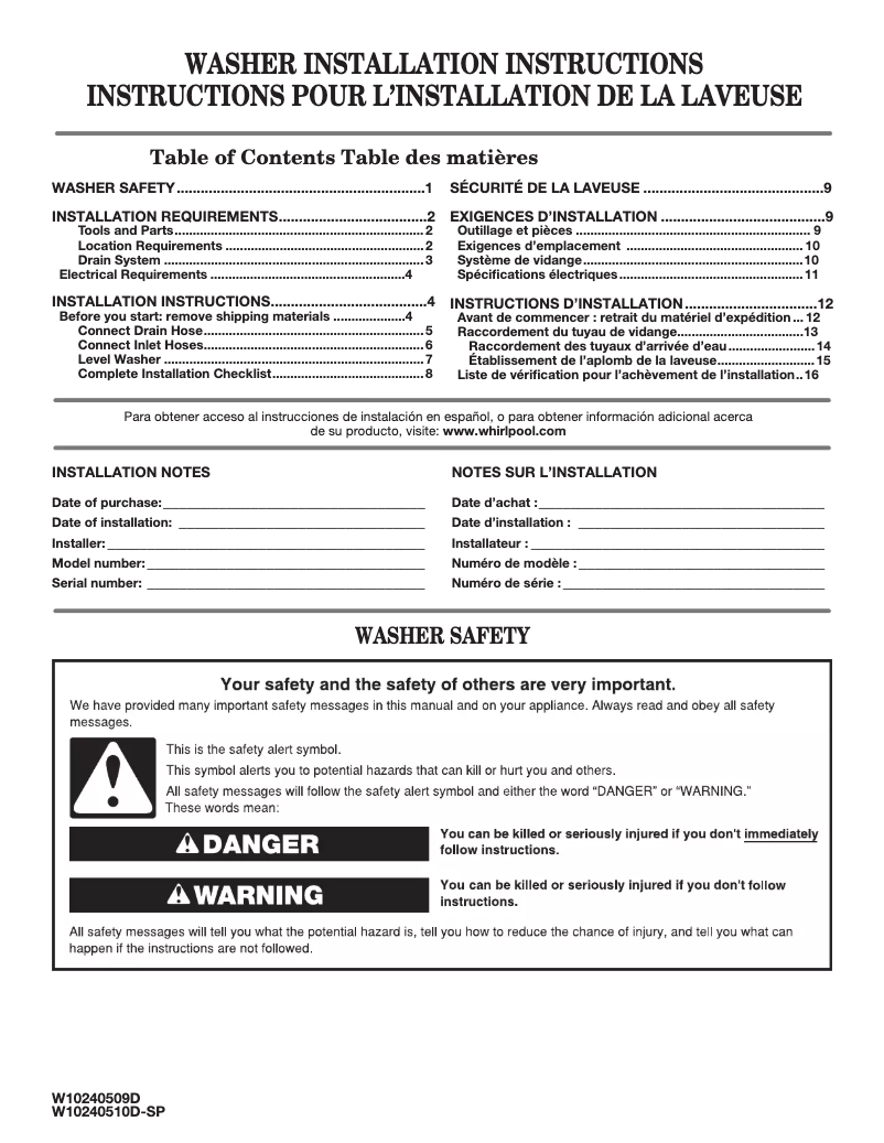 Page 1 de la notice Guide d'installation Amana NTW4516FW