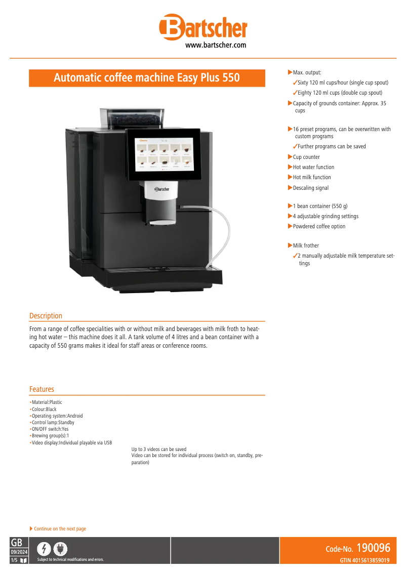 Page 1 de la notice Fiche technique Bartscher Easy Plus 550