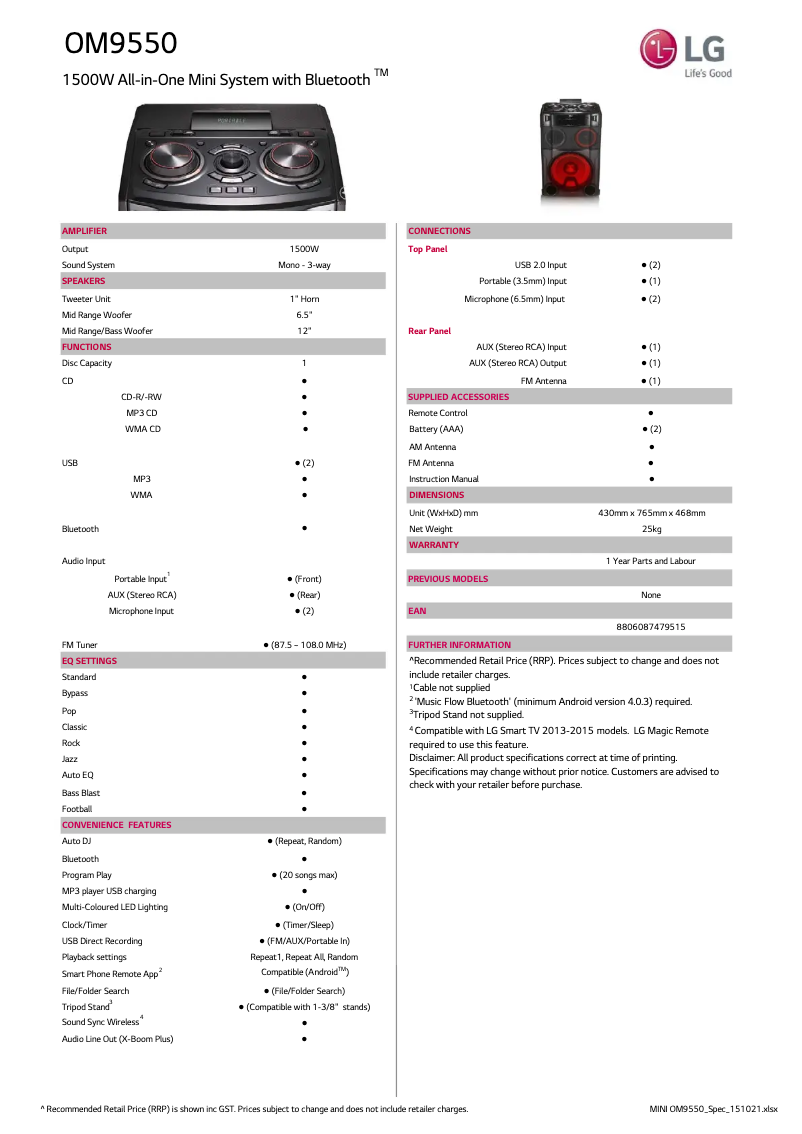 Page 1 de la notice Fiche technique LG OM9550