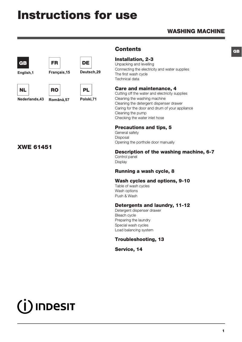 Image de la première page du manuel de l'appareil XWE 61451