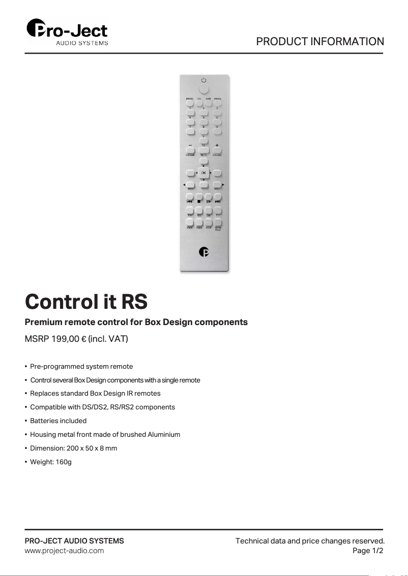 Page n°1 - Fiche technique Pro-Ject Control it RS