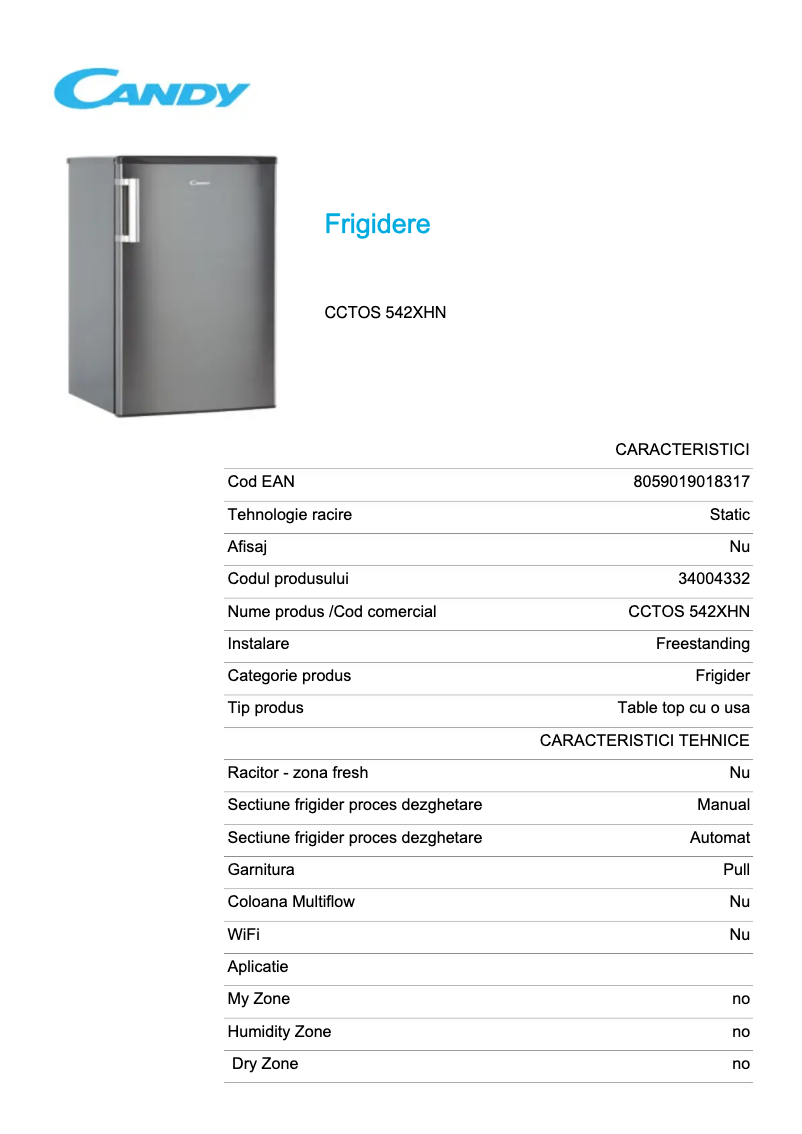 Page 1 de la notice Fiche technique Candy CCTOS 542XHN